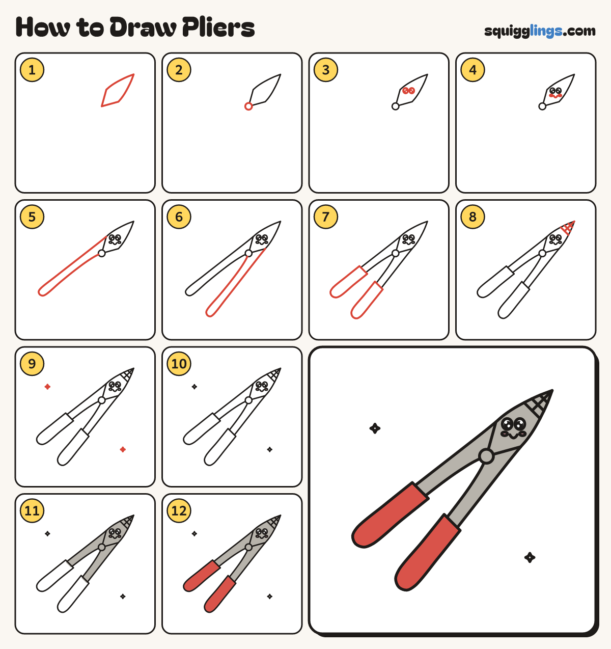 How to Draw Pliers step by step: all 12 steps in one picture