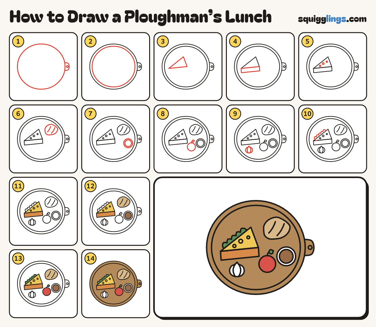 How to Draw a Ploughman’s Lunch step by step: all 14 steps in one picture