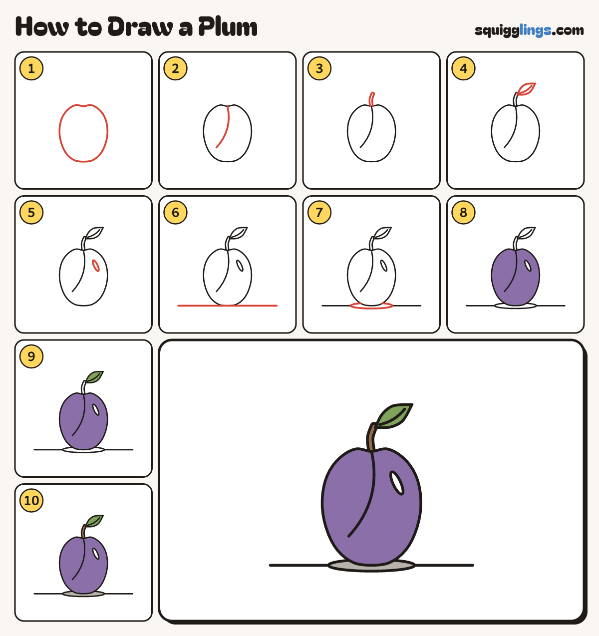 How to Draw a Plum step by step: all 10 steps in one picture