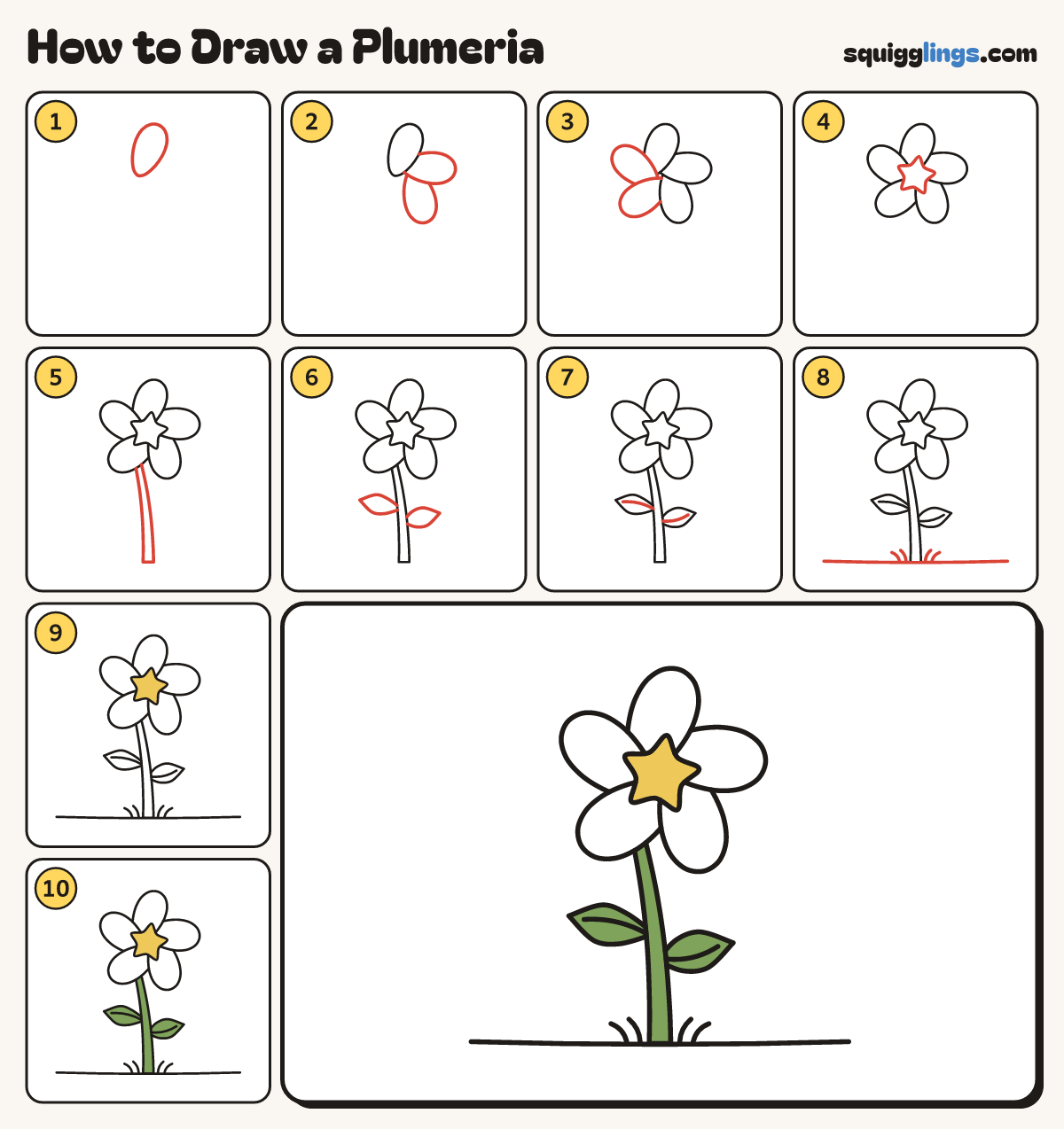 How to Draw a Plumeria step by step: all 10 steps in one picture