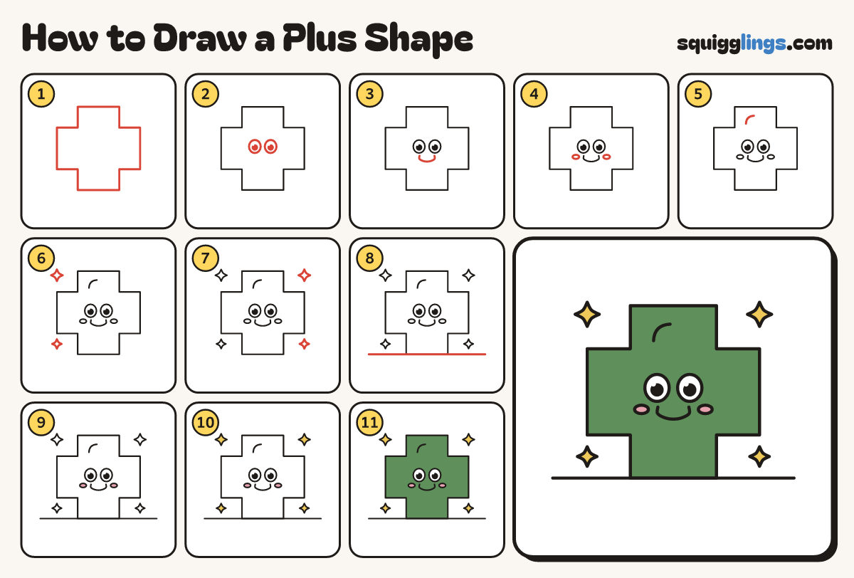 How to Draw a Plus Shape step by step: all 11 steps in one picture