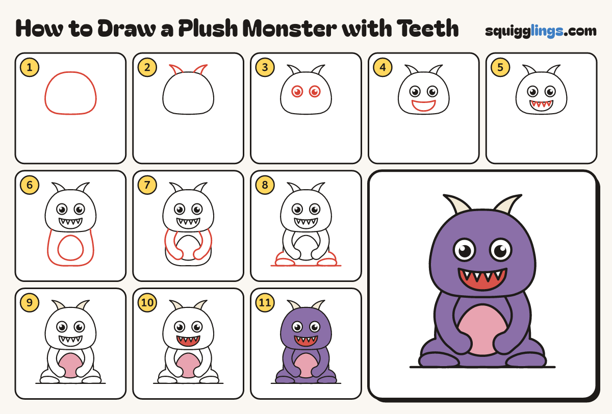 How to Draw a Plush Monster with Teeth step by step: all 11 steps in one picture