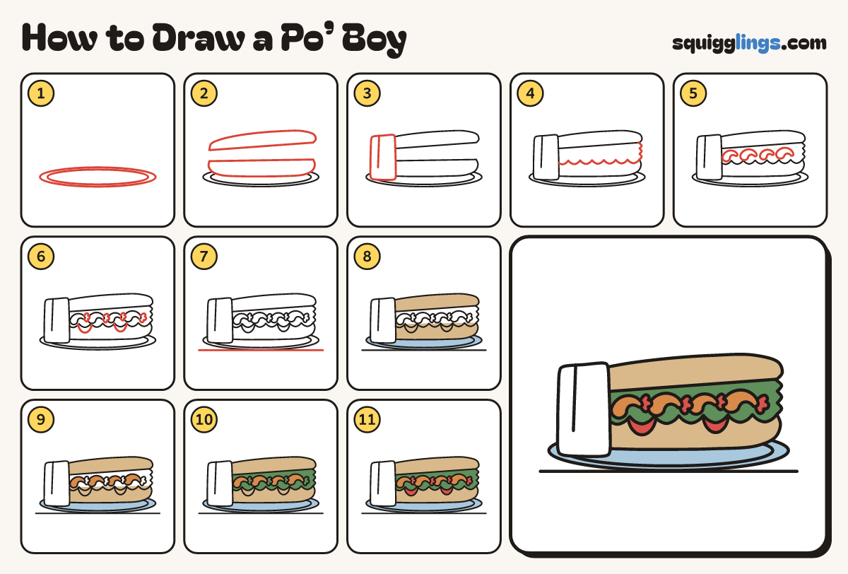 How to Draw a Po’ Boy step by step: all 11 steps in one picture