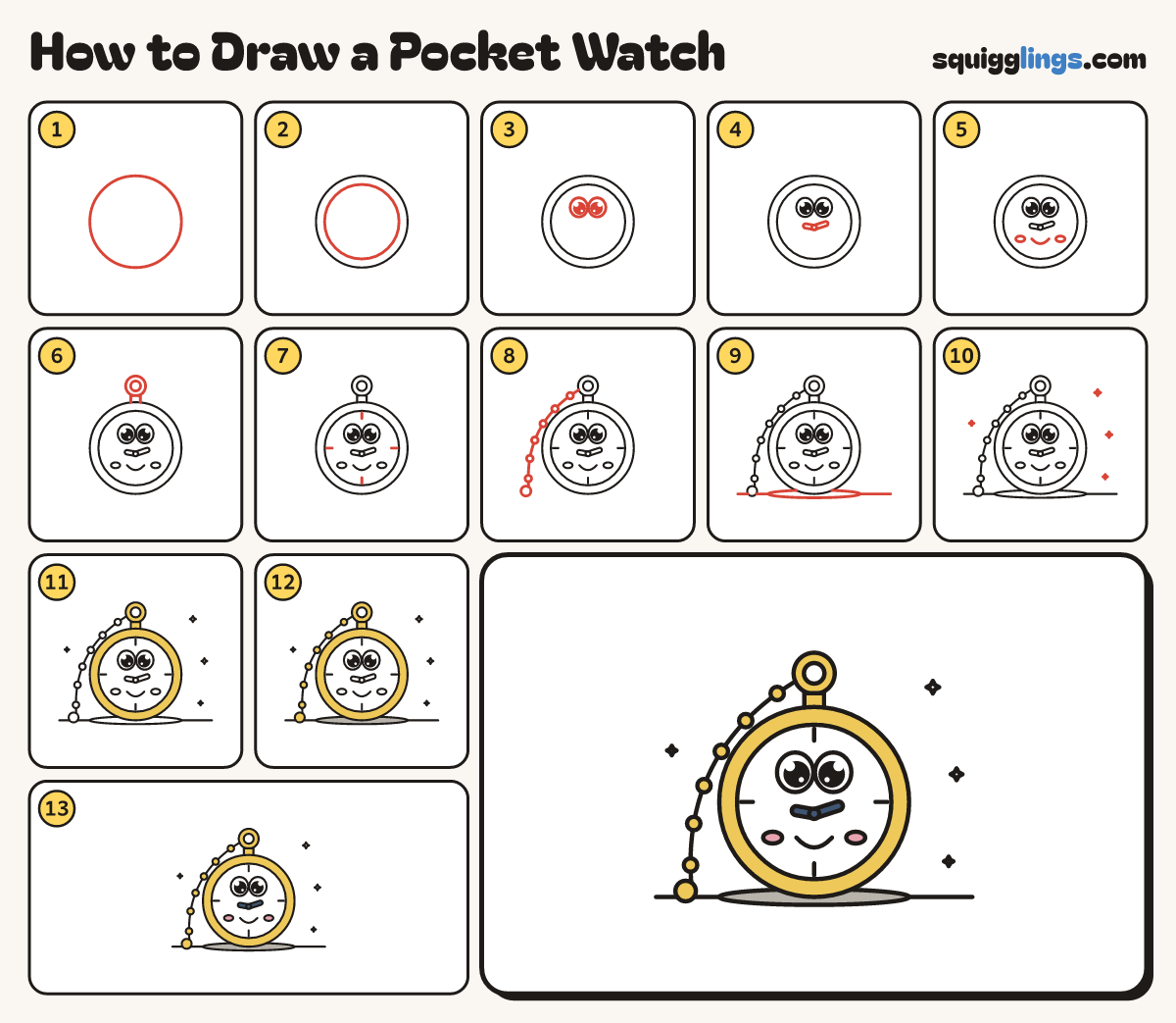 How to Draw a Pocket Watch step by step: all 13 steps in one picture