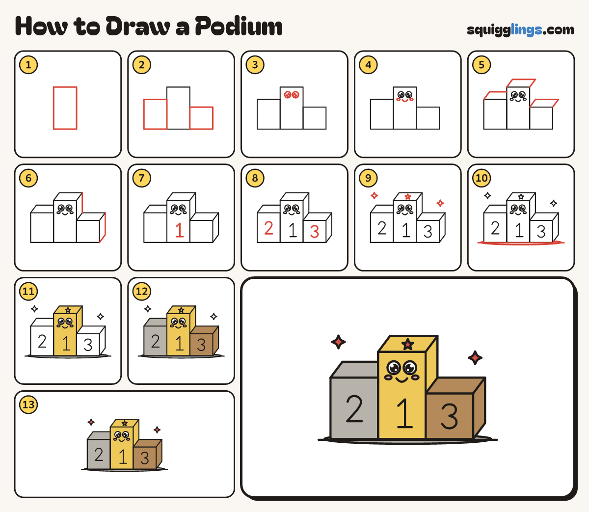 How to Draw a Podium step by step: all 13 steps in one picture
