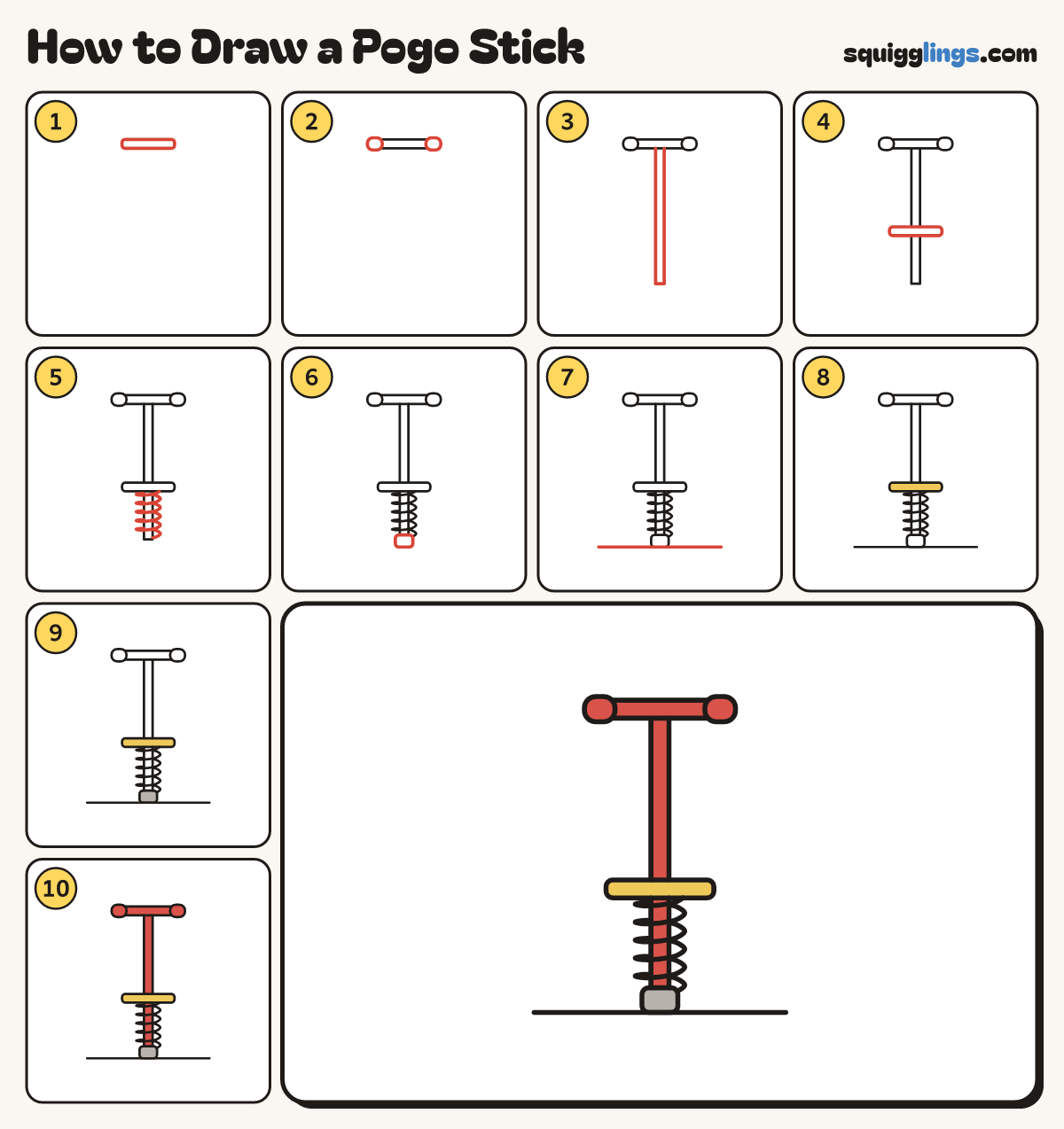 How to Draw a Pogo Stick step by step: all 10 steps in one picture