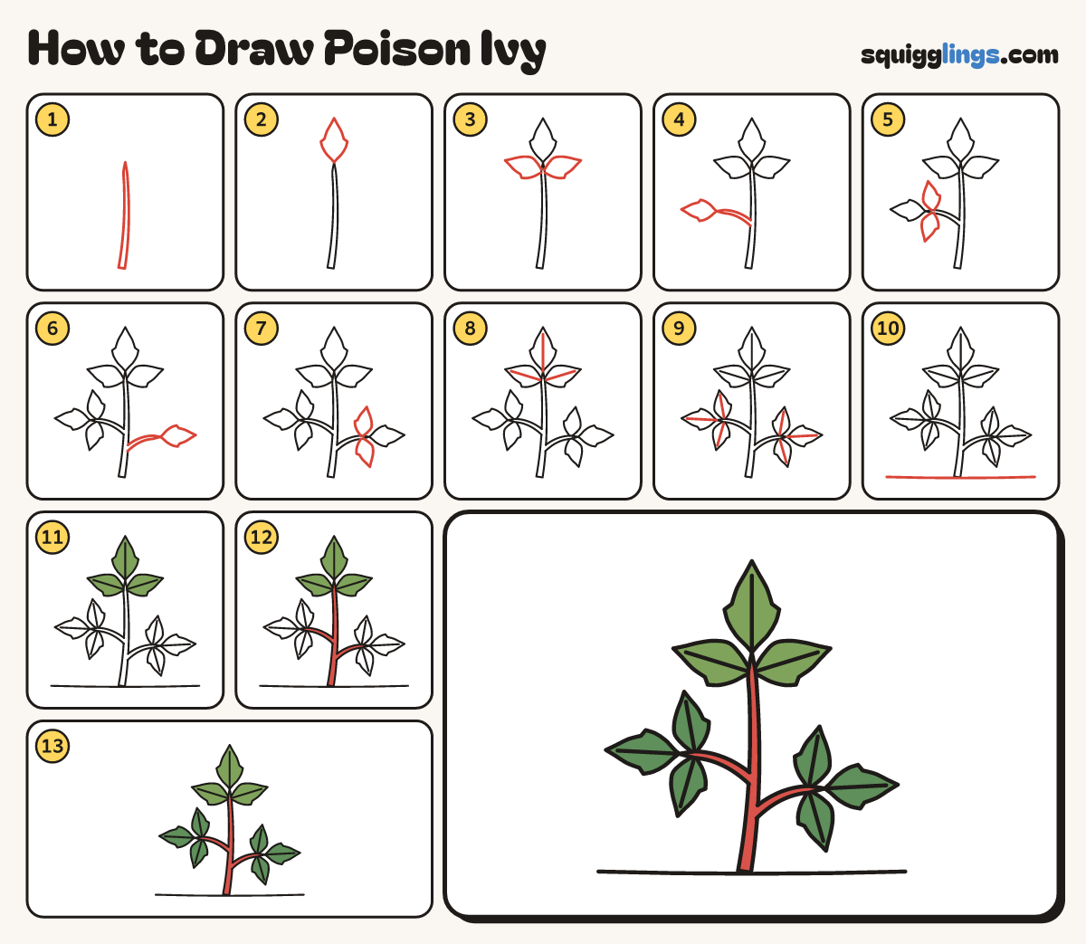 How to Draw Poison Ivy step by step: all 13 steps in one picture