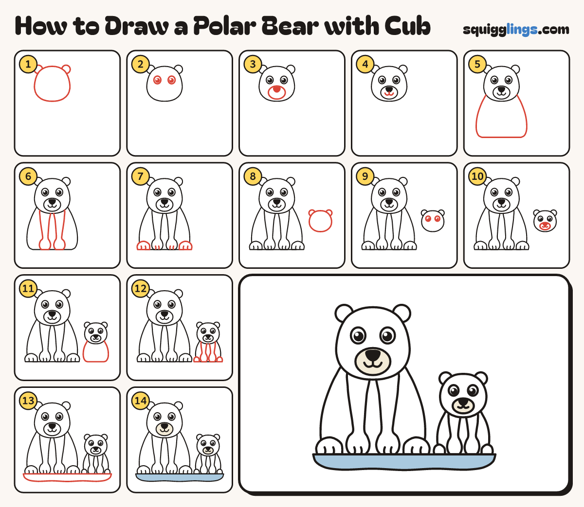 How to Draw a Polar Bear with Cub step by step: all 14 steps in one picture