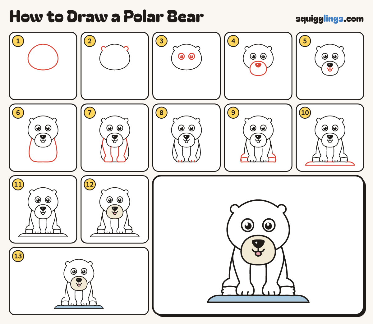 How to Draw a Polar Bear step by step: all 13 steps in one picture