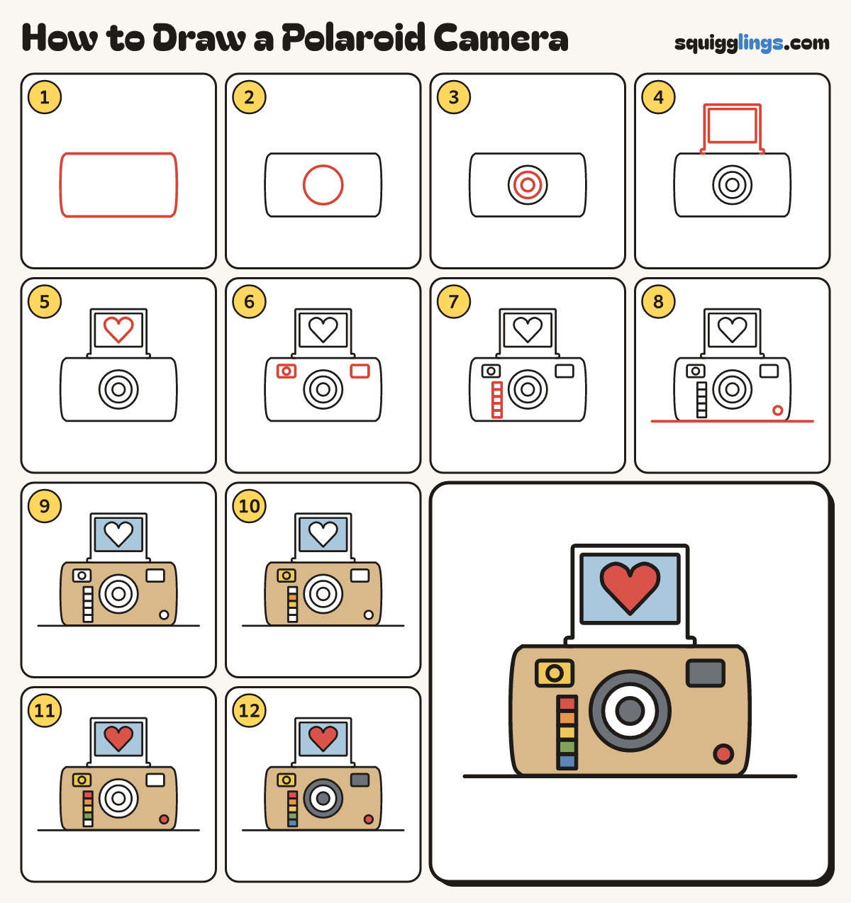 How to Draw a Polaroid Camera step by step: all 12 steps in one picture