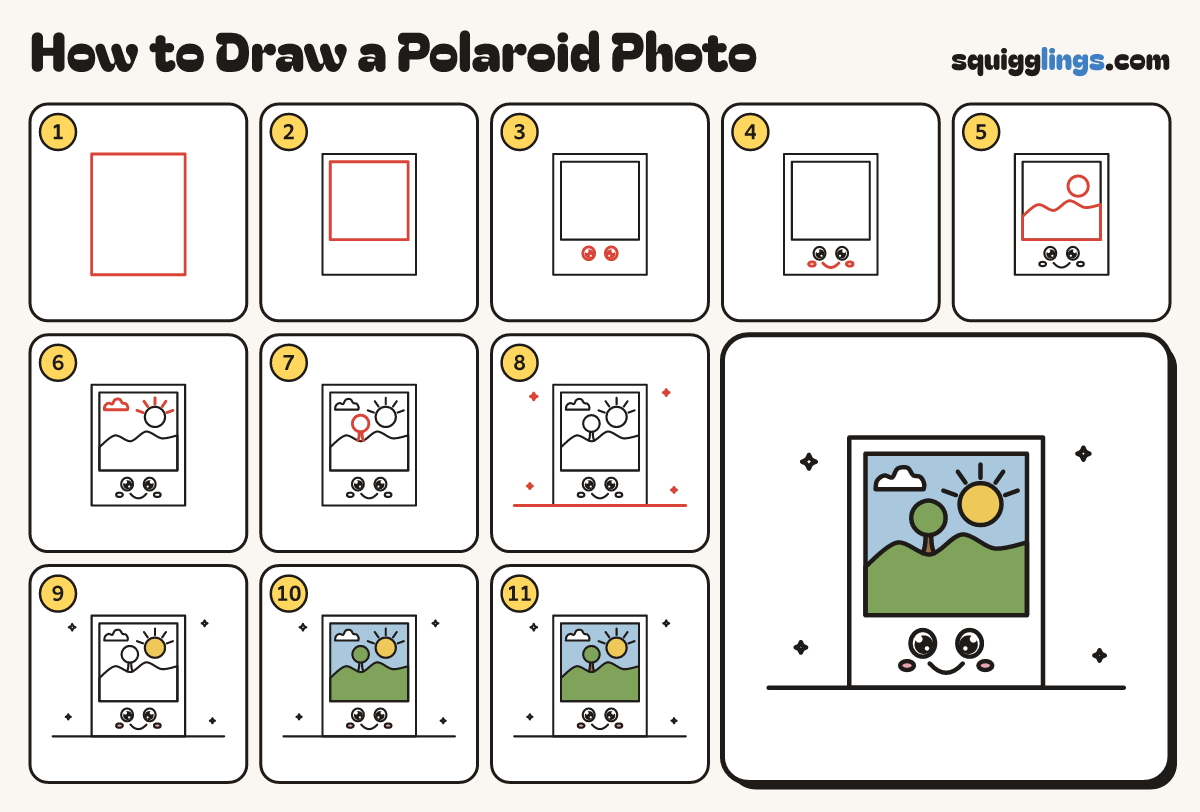 How to Draw a Polaroid Photo step by step: all 11 steps in one picture