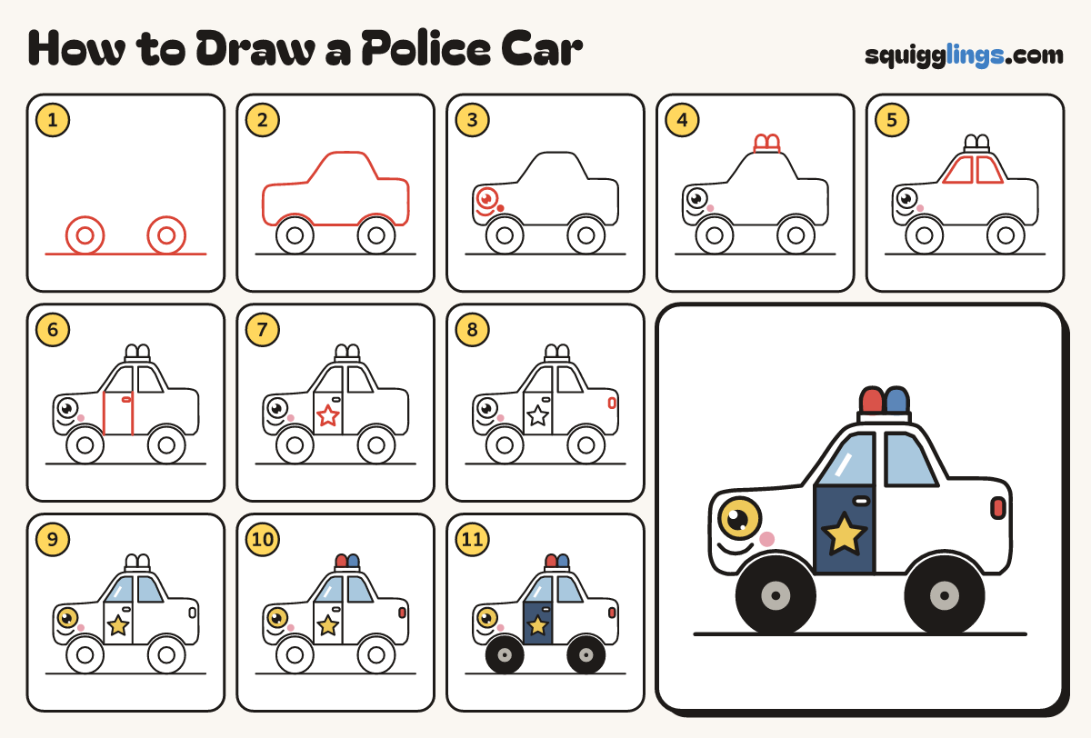 How to Draw a Police Car step by step: all 11 steps in one picture