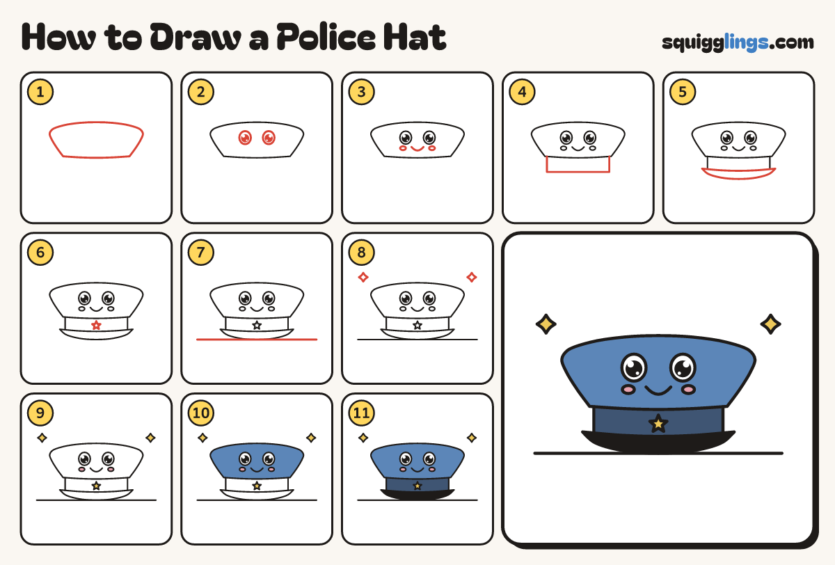 How to Draw a Police Hat step by step: all 11 steps in one picture