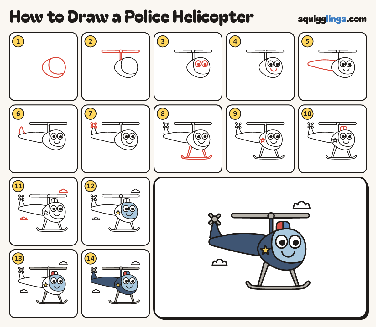How to Draw a Police Helicopter step by step: all 14 steps in one picture