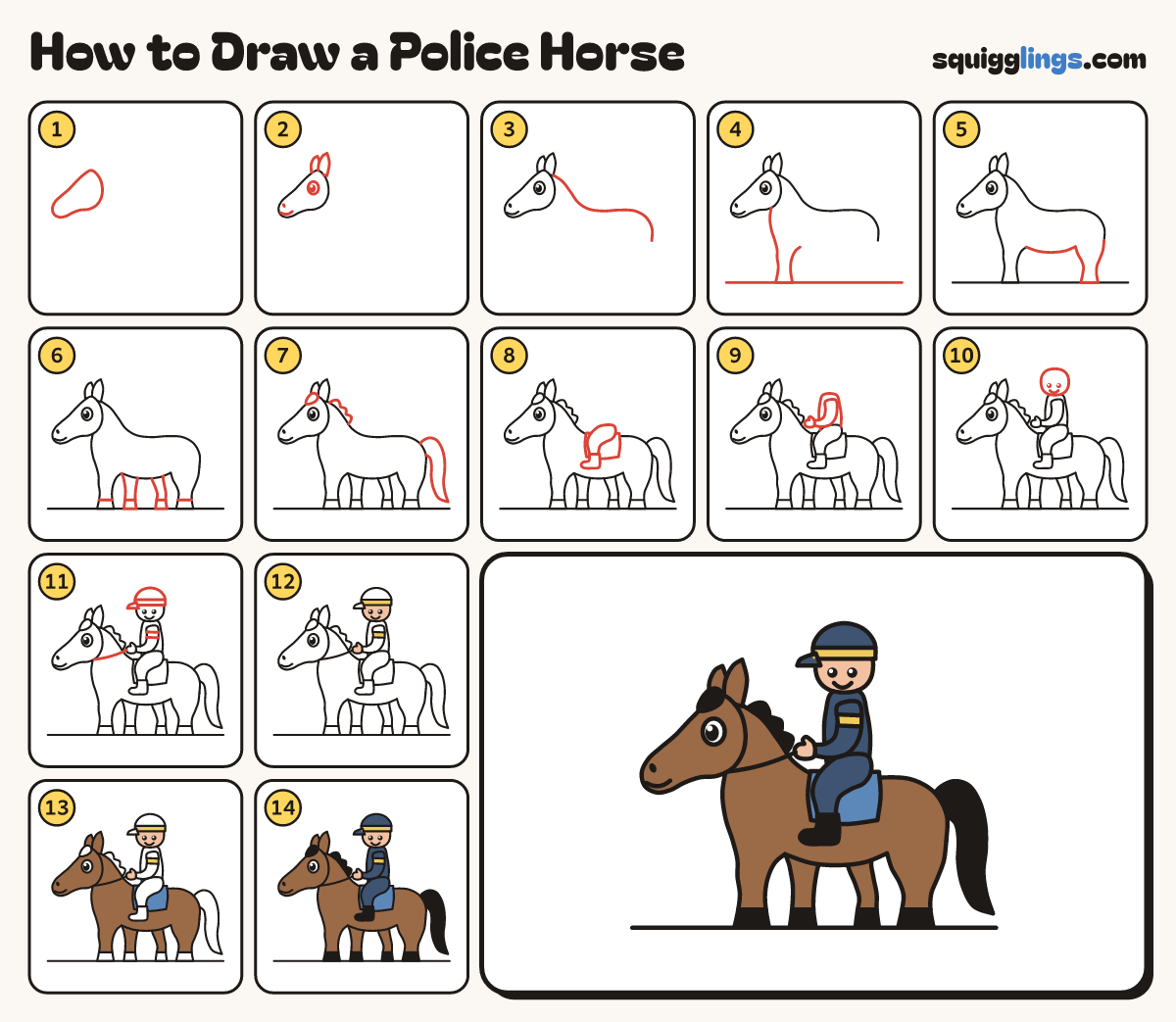 How to Draw a Police Horse step by step: all 14 steps in one picture