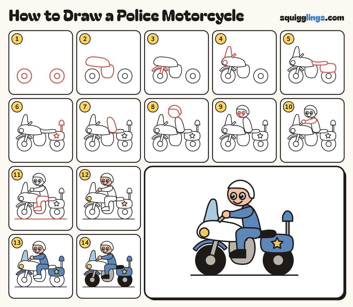 How to Draw a Police Motorcycle step by step: all 14 steps in one picture