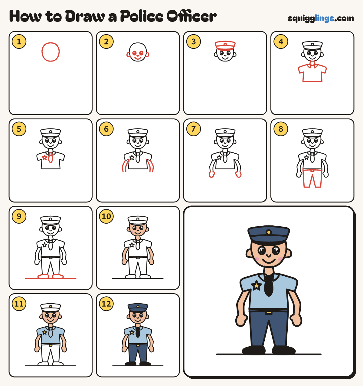 How to Draw a Police Officer step by step: all 12 steps in one picture