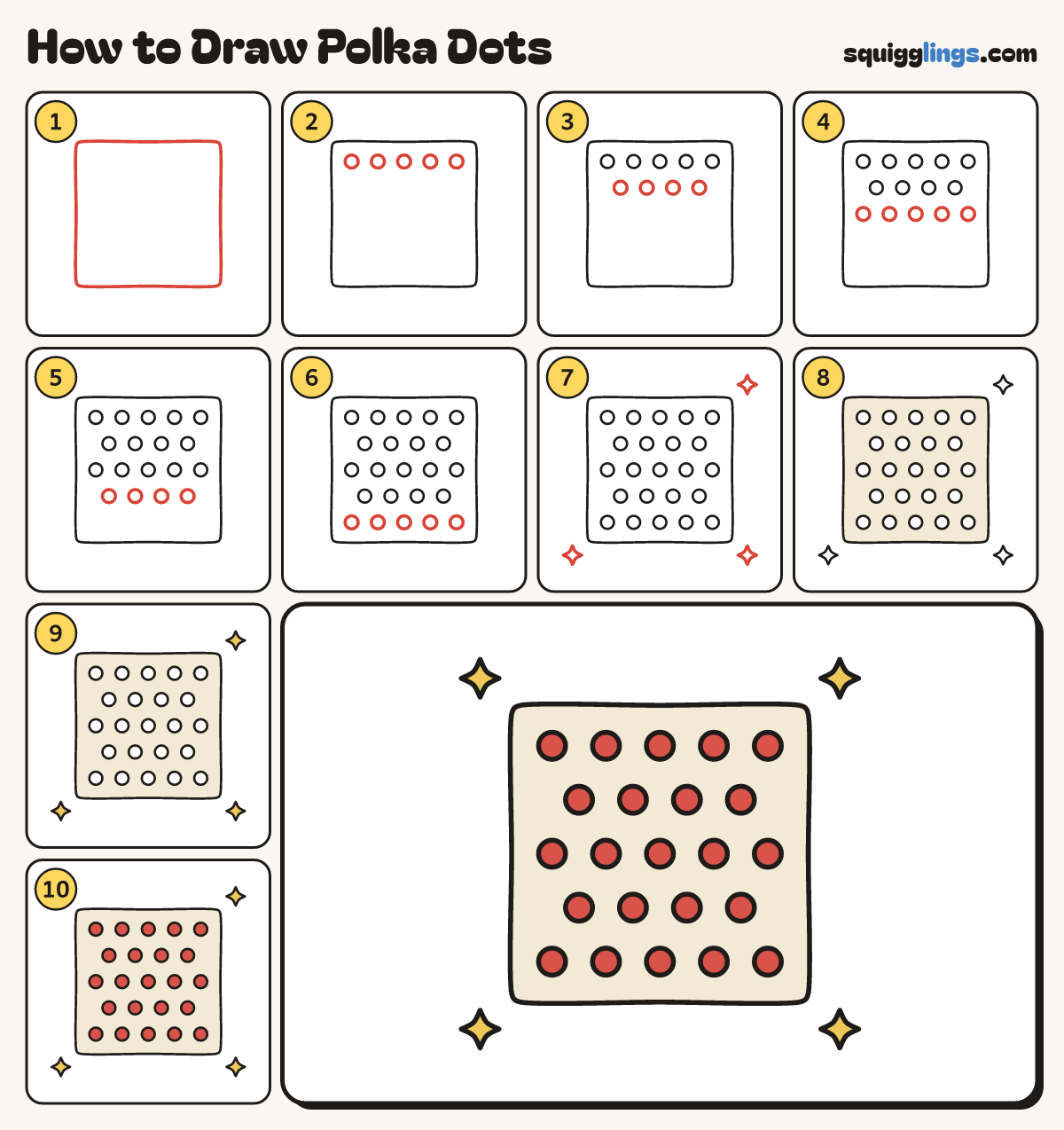 How to Draw Polka Dots step by step: all 10 steps in one picture