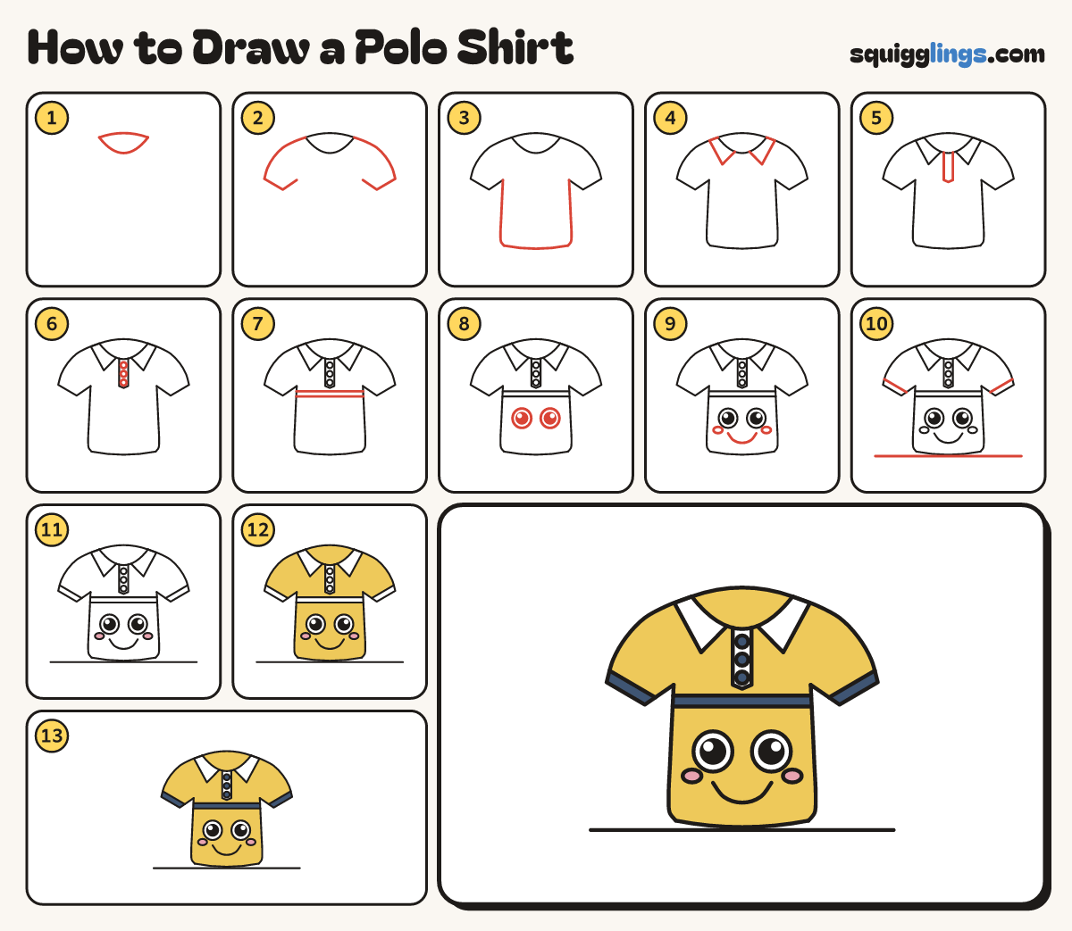 How to Draw a Polo Shirt step by step: all 13 steps in one picture