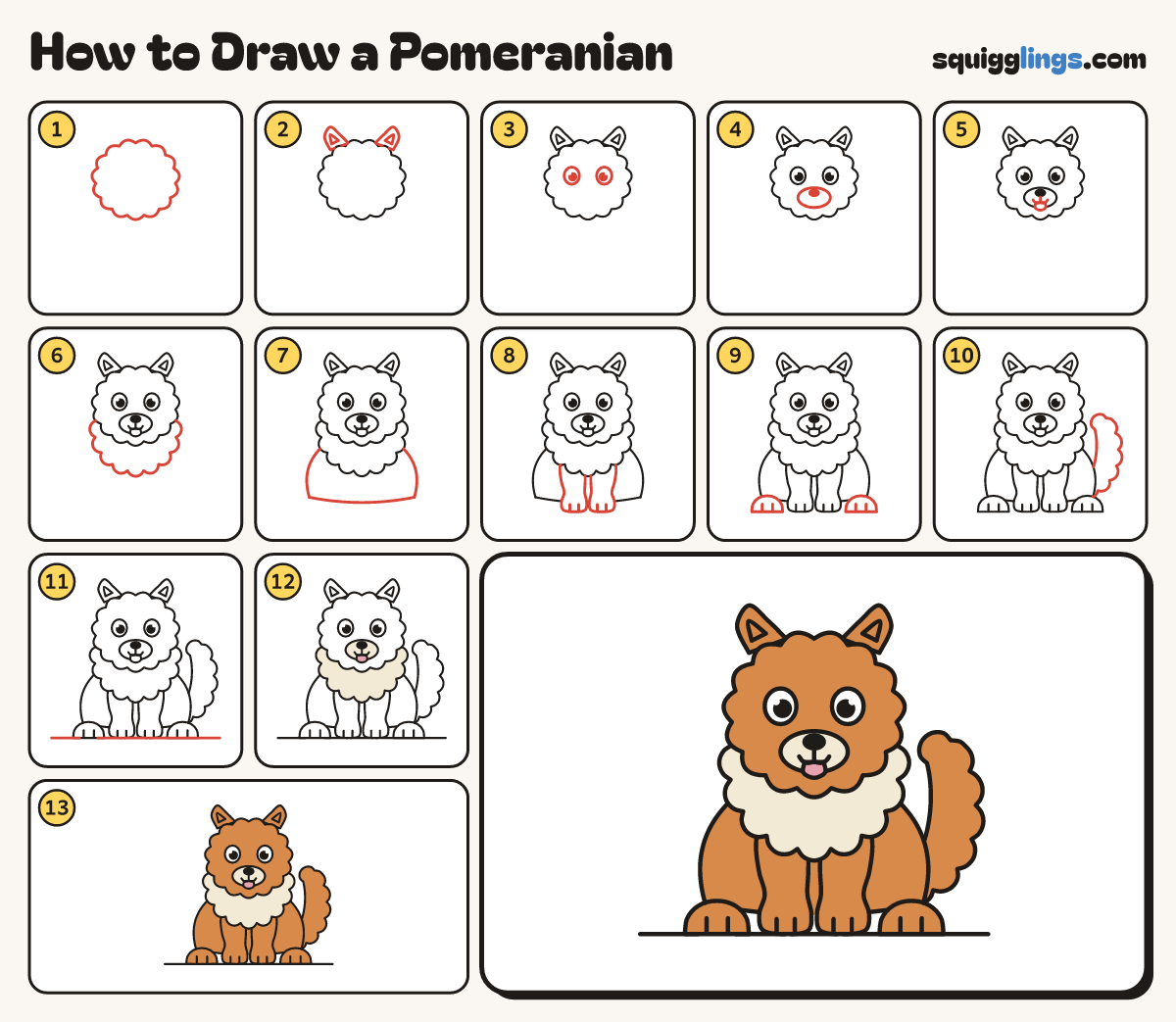 How to Draw a Pomeranian step by step: all 13 steps in one picture