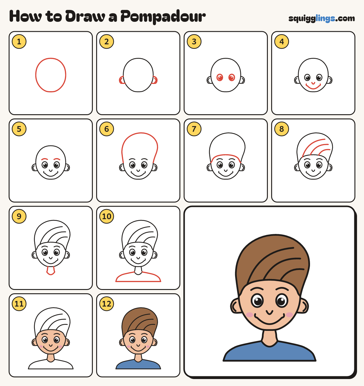 How to Draw a Pompadour step by step: all 12 steps in one picture