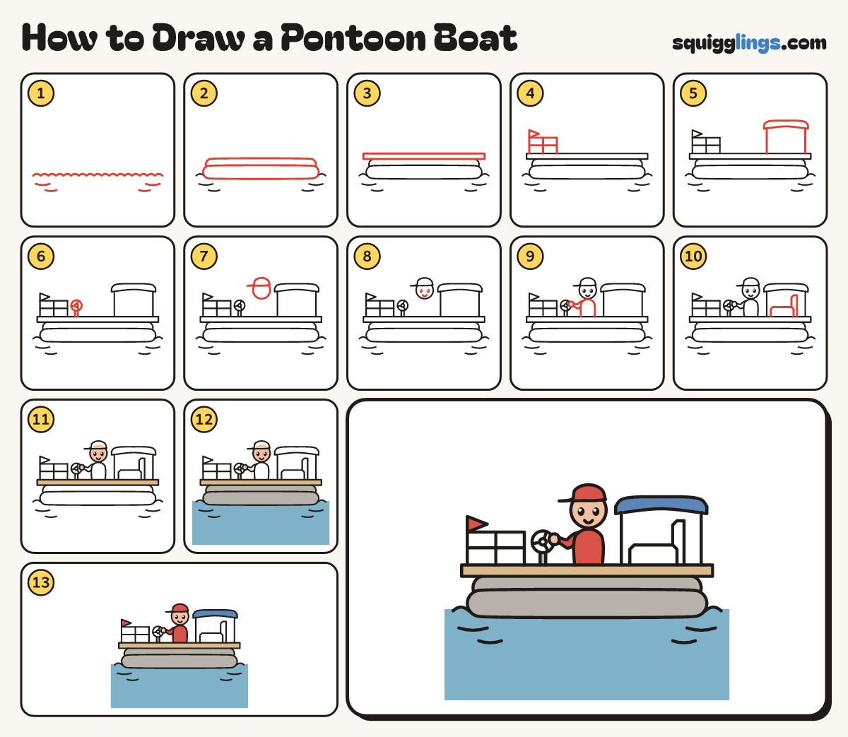 How to Draw a Pontoon Boat step by step: all 13 steps in one picture