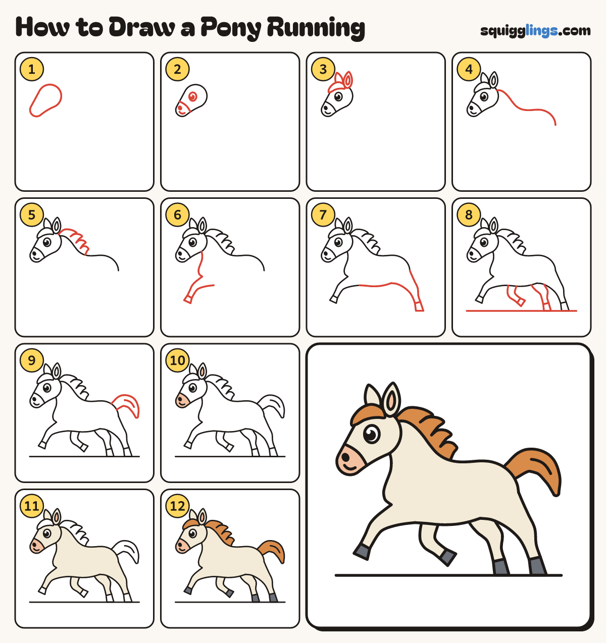 How to Draw a Pony Running step by step: all 12 steps in one picture