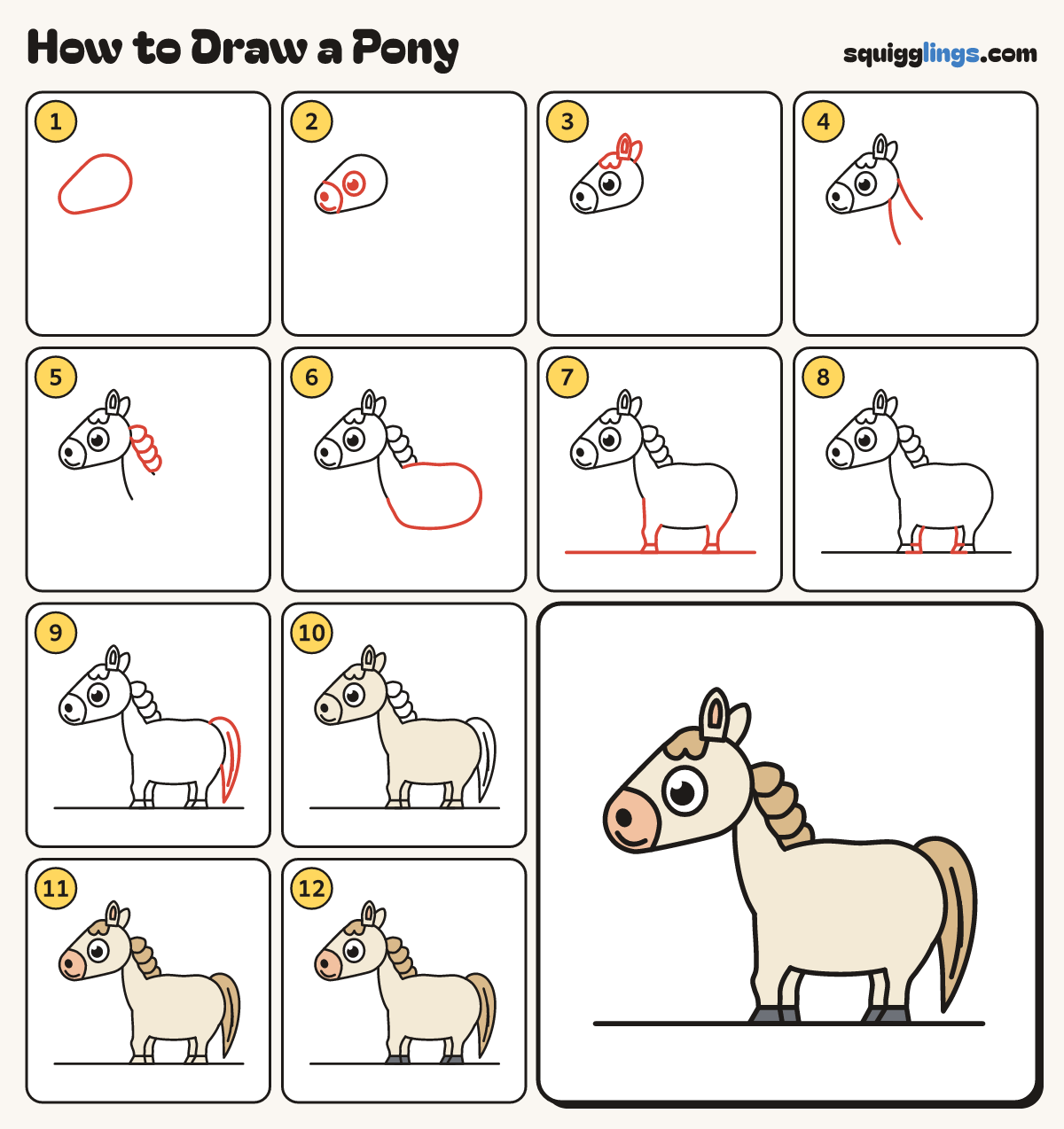How to Draw a Pony step by step: all 12 steps in one picture