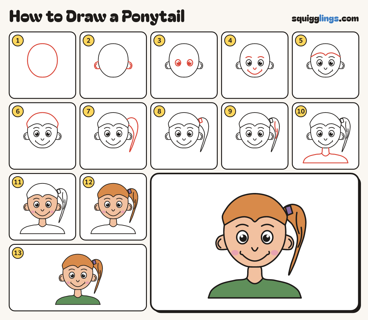 How to Draw a Ponytail step by step: all 13 steps in one picture