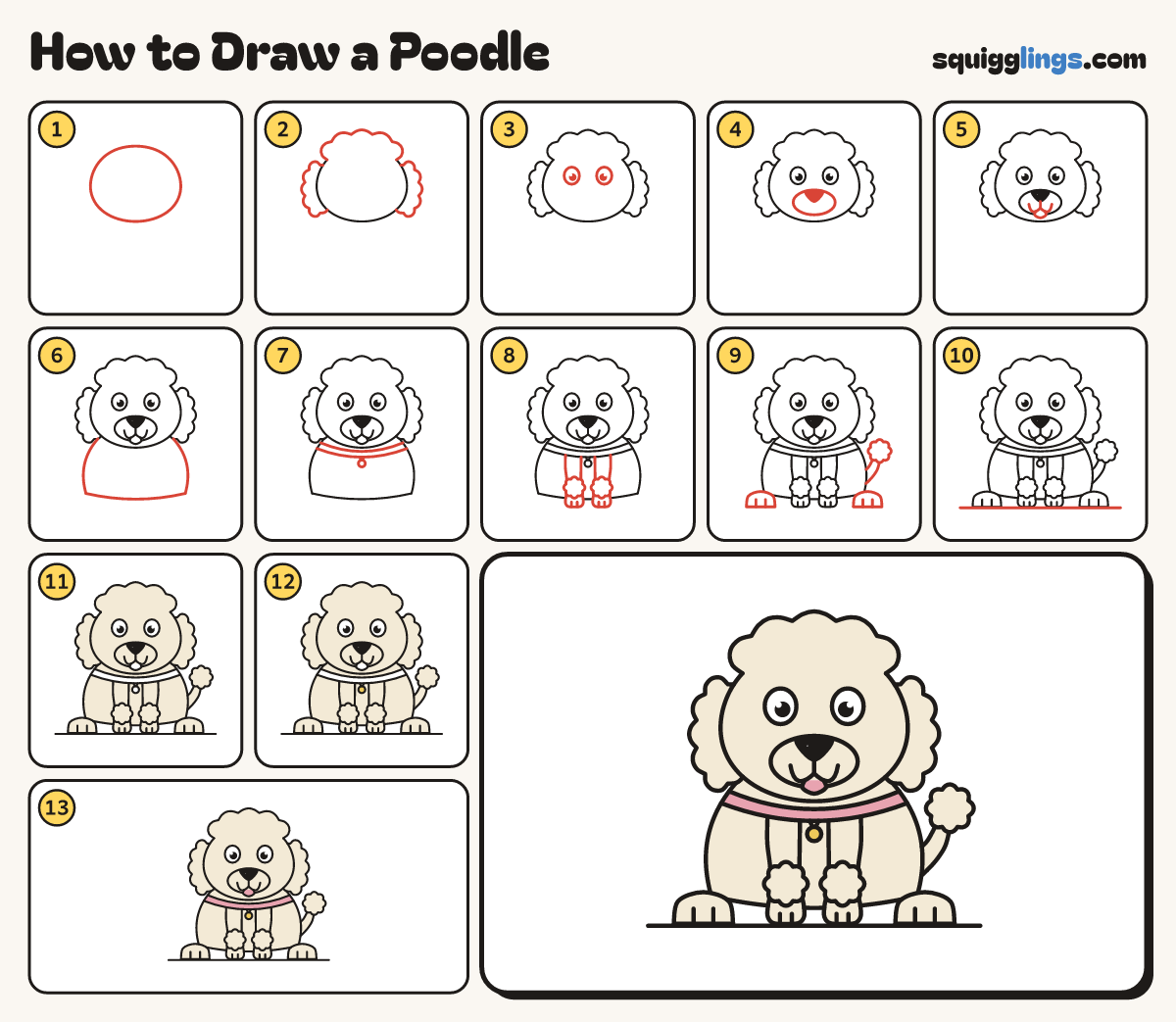 How to Draw a Poodle step by step: all 13 steps in one picture
