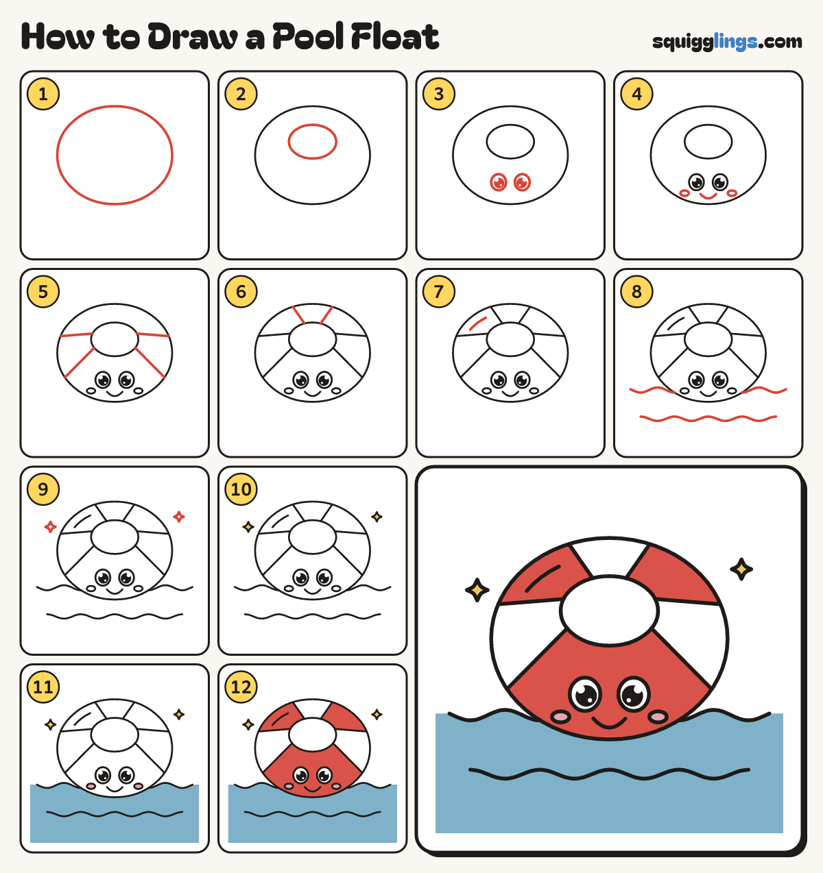 How to Draw a Pool Float step by step: all 12 steps in one picture