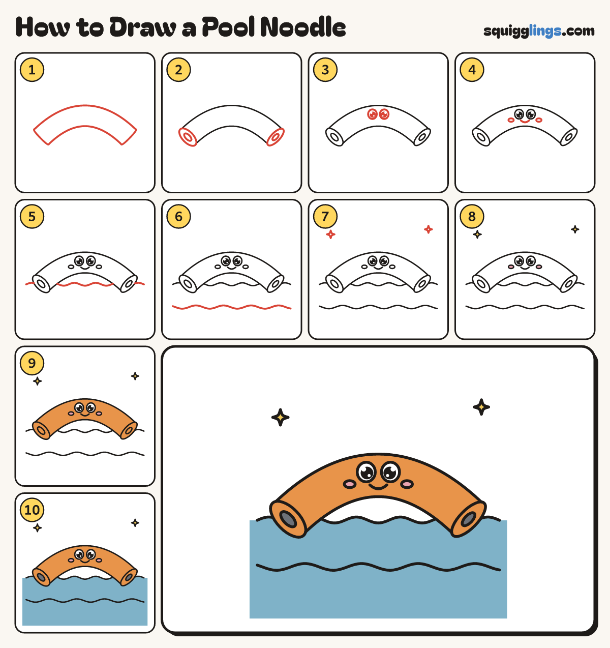 How to Draw a Pool Noodle step by step: all 10 steps in one picture