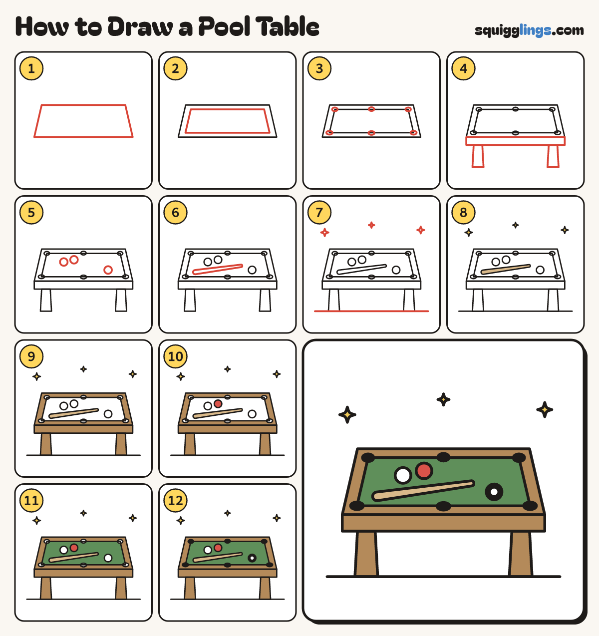 How to Draw a Pool Table step by step: all 12 steps in one picture