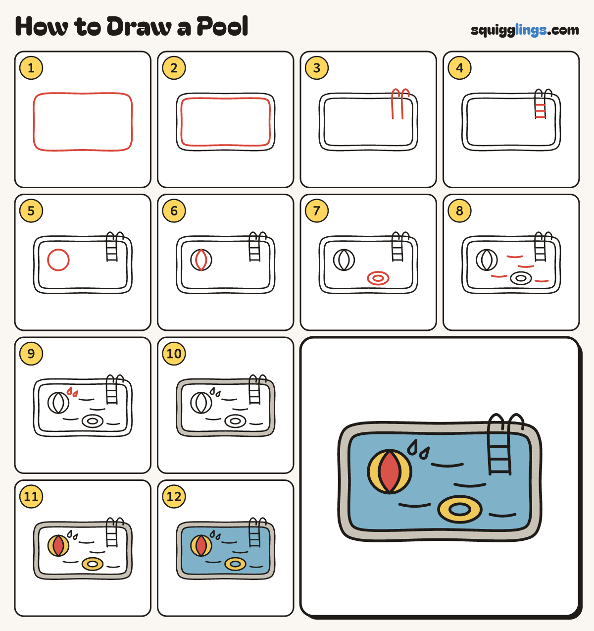 How to Draw a Pool step by step: all 12 steps in one picture
