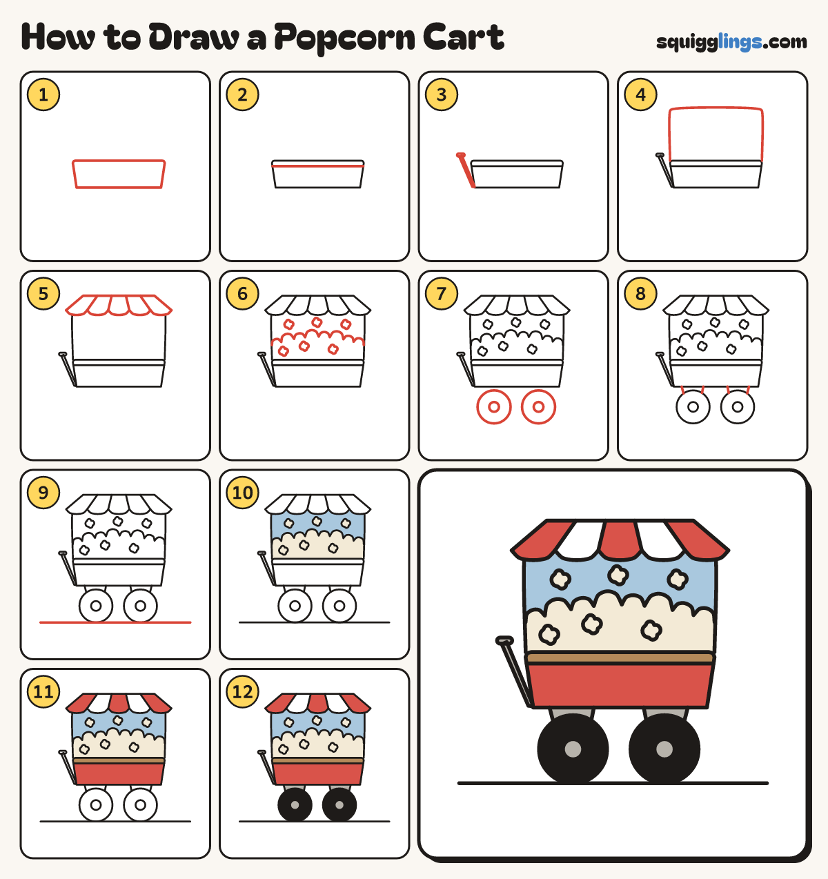 How to Draw a Popcorn Cart step by step: all 12 steps in one picture