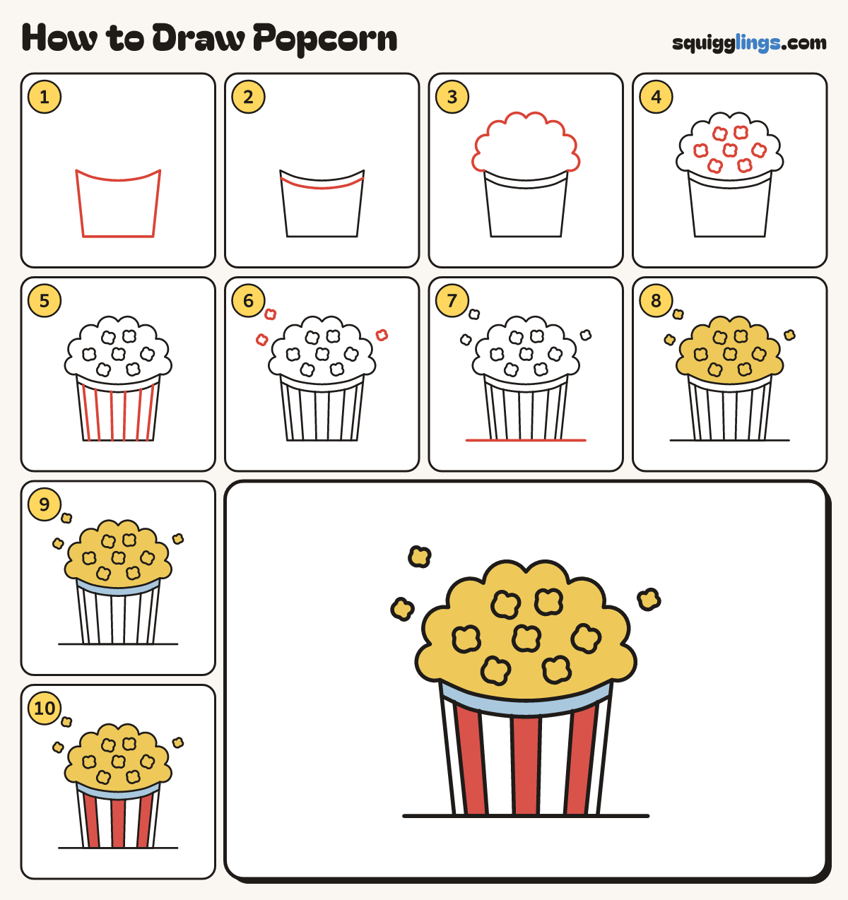 How to Draw Popcorn step by step: all 10 steps in one picture