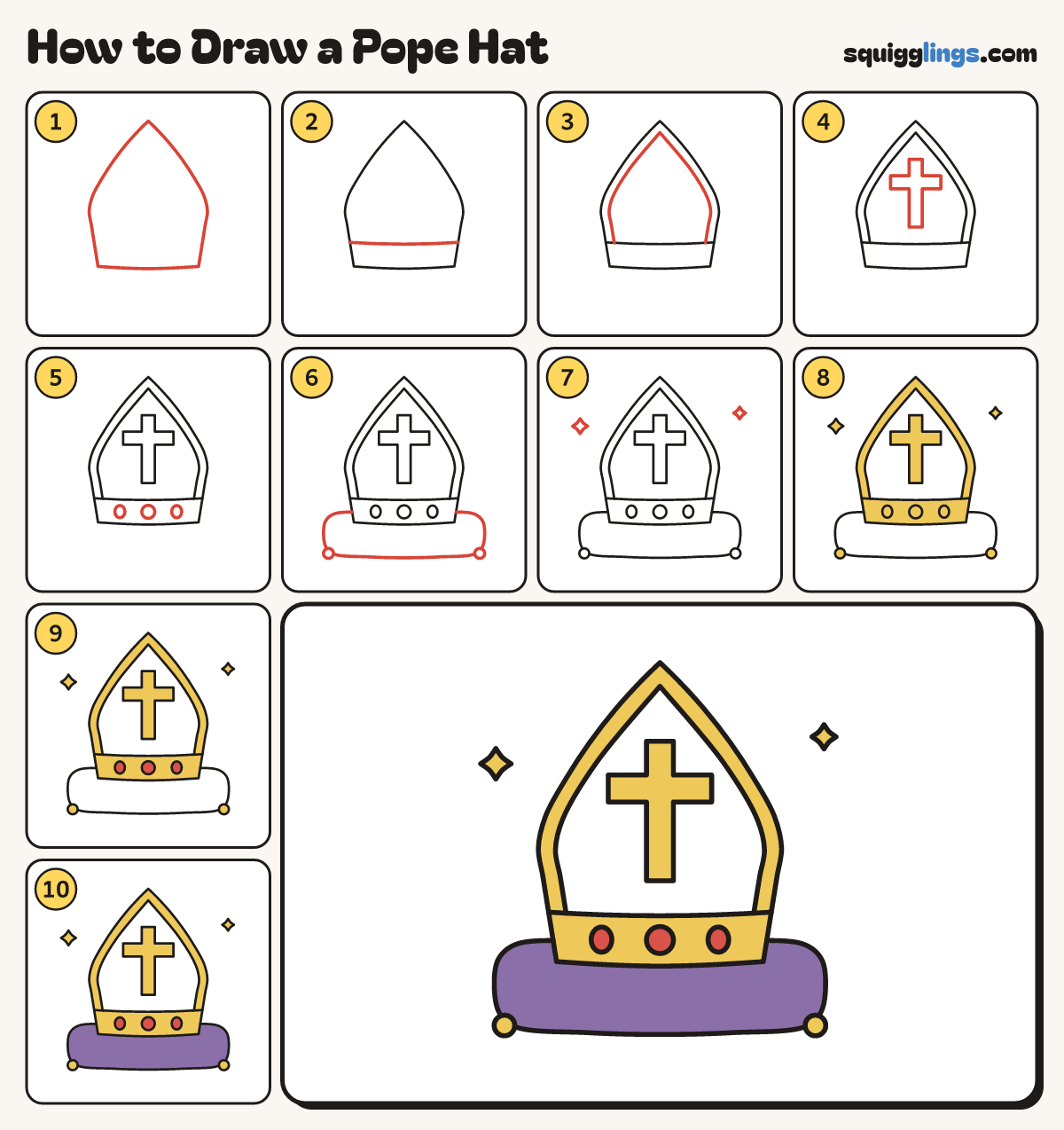 How to Draw a Pope Hat step by step: all 10 steps in one picture