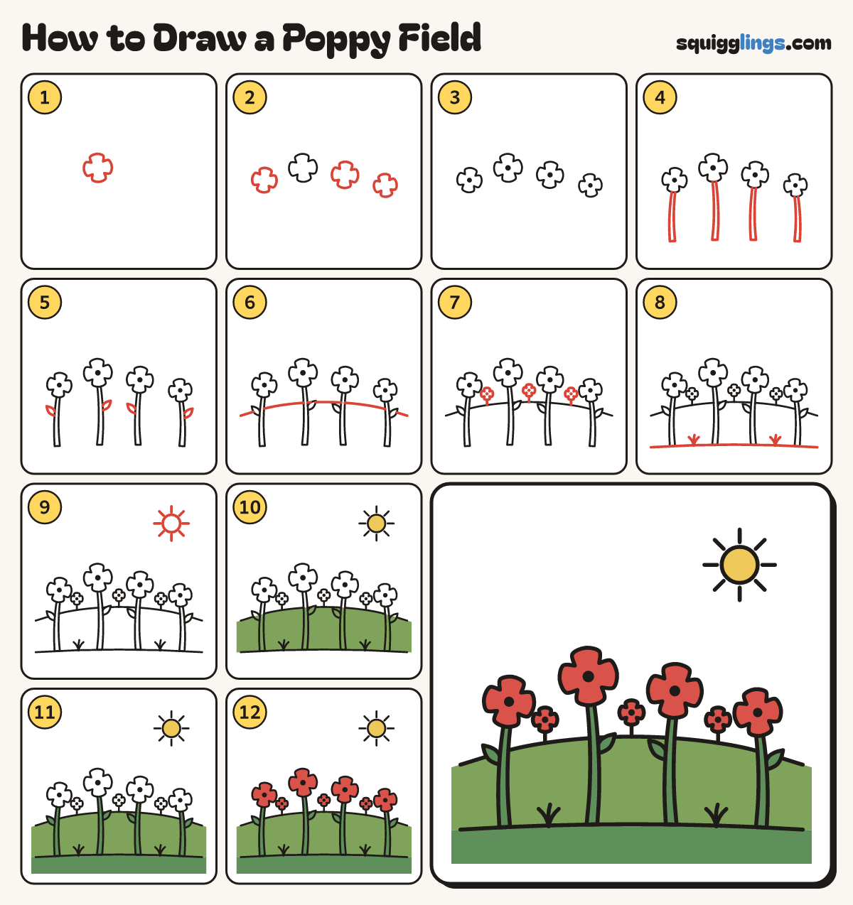 How to Draw a Poppy Field step by step: all 12 steps in one picture