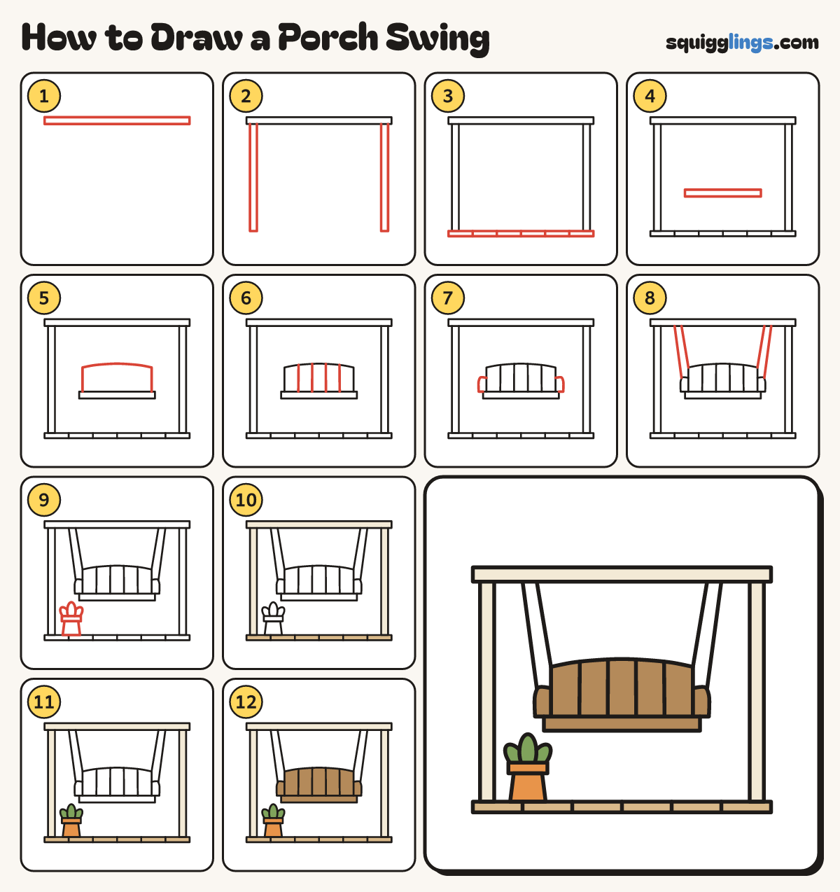 How to Draw a Porch Swing step by step: all 12 steps in one picture