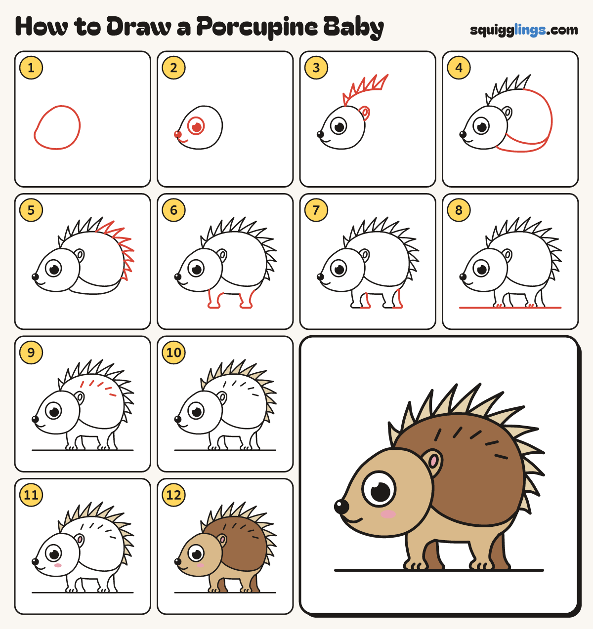 How to Draw a Porcupine Baby step by step: all 12 steps in one picture