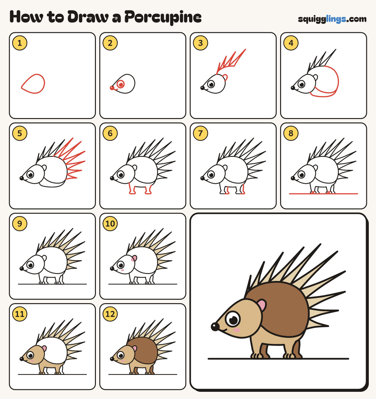 How to Draw a Porcupine step by step: all 12 steps in one picture
