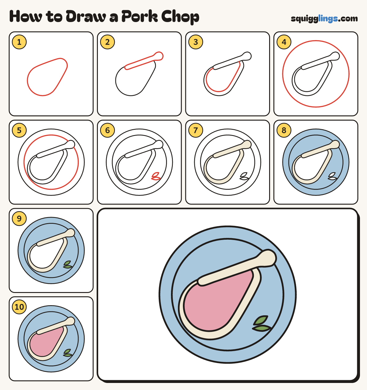 How to Draw a Pork Chop step by step: all 10 steps in one picture