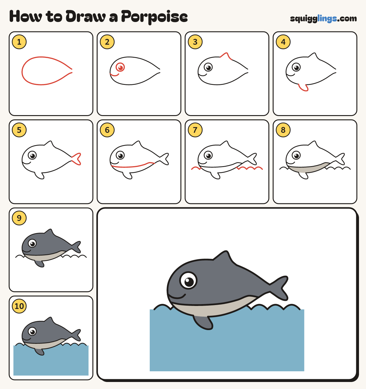 How to Draw a Porpoise step by step: all 10 steps in one picture