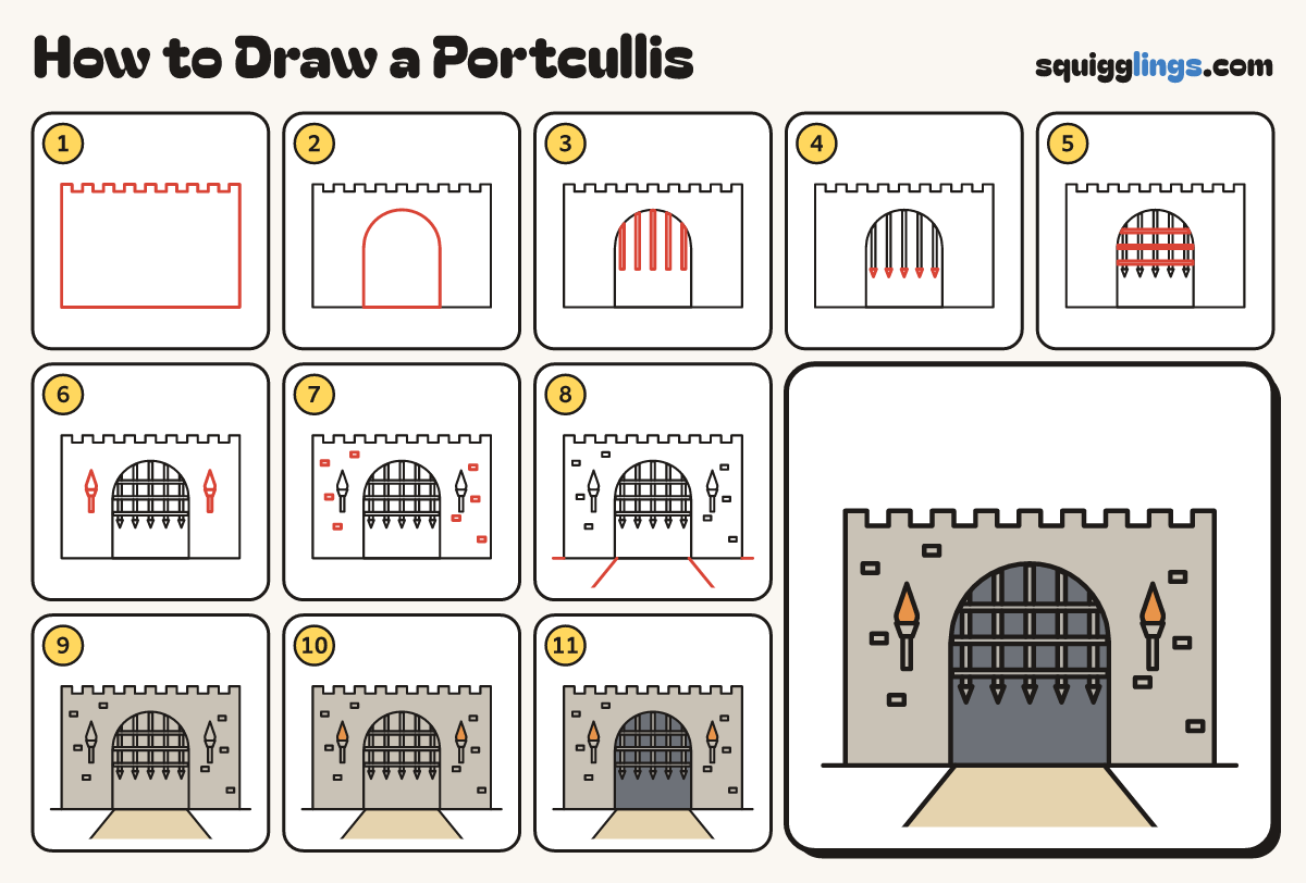 How to Draw a Portcullis step by step: all 11 steps in one picture