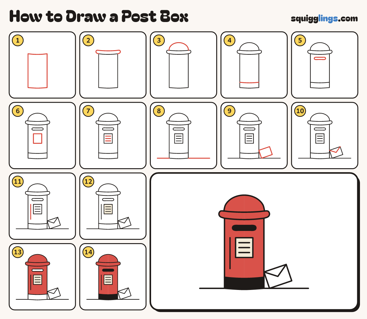 How to Draw a Post Box step by step: all 14 steps in one picture