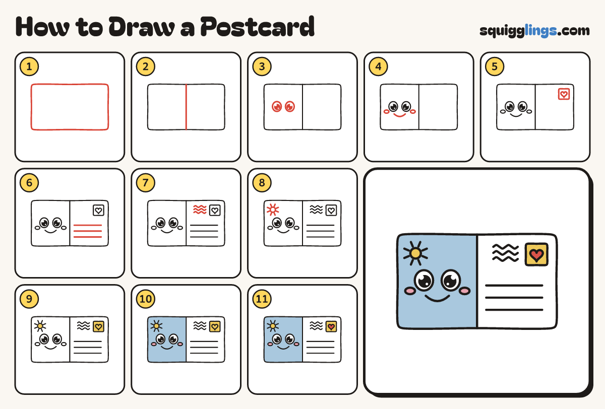 How to Draw a Postcard step by step: all 11 steps in one picture