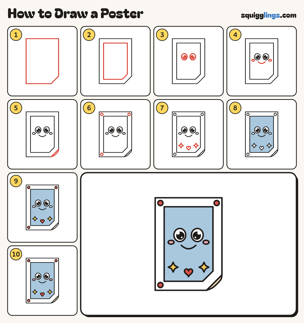 How to Draw a Poster step by step: all 10 steps in one picture
