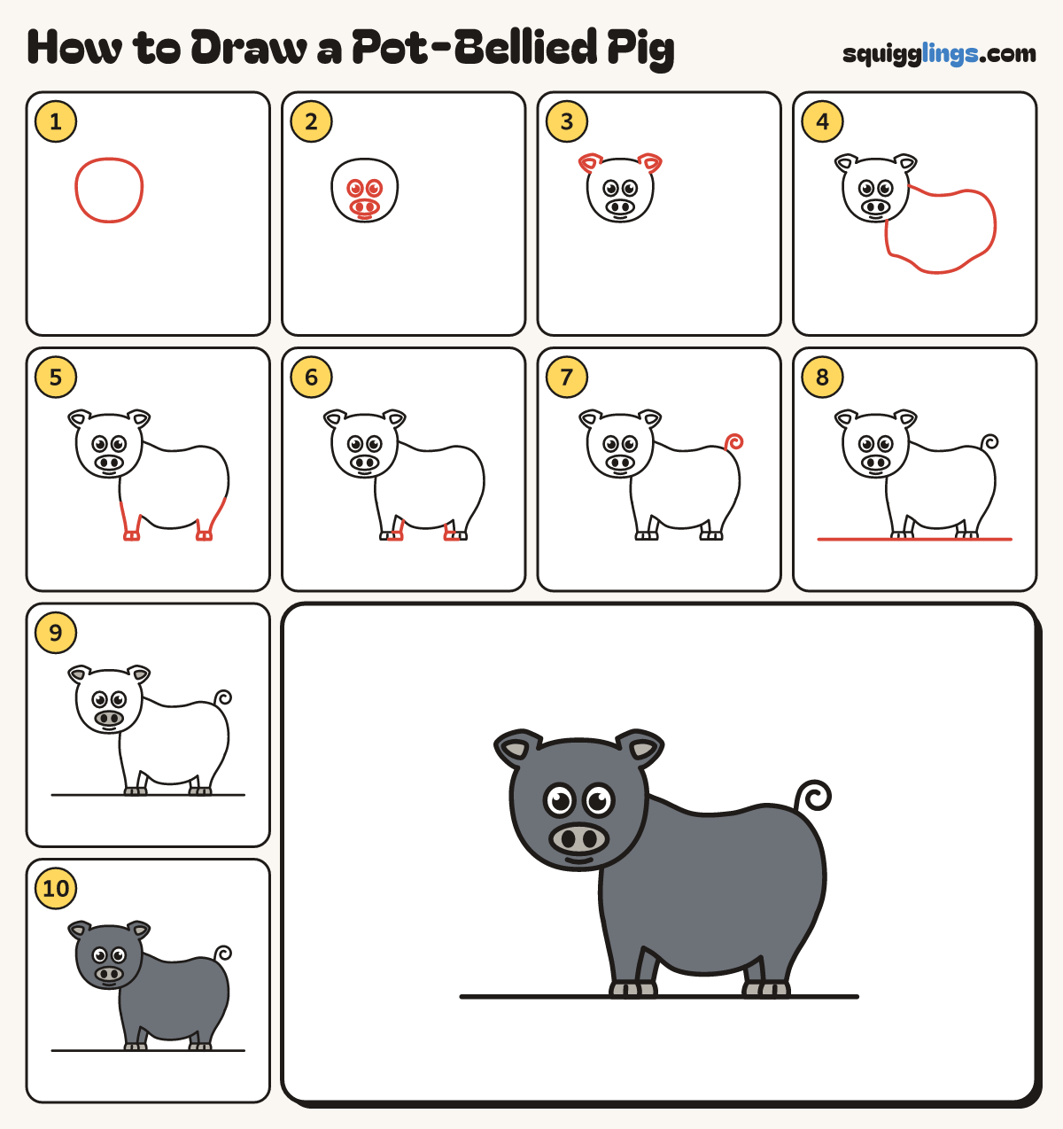 How to Draw a Pot-Bellied Pig step by step: all 10 steps in one picture