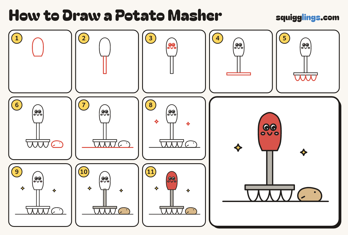 How to Draw a Potato Masher step by step: all 11 steps in one picture