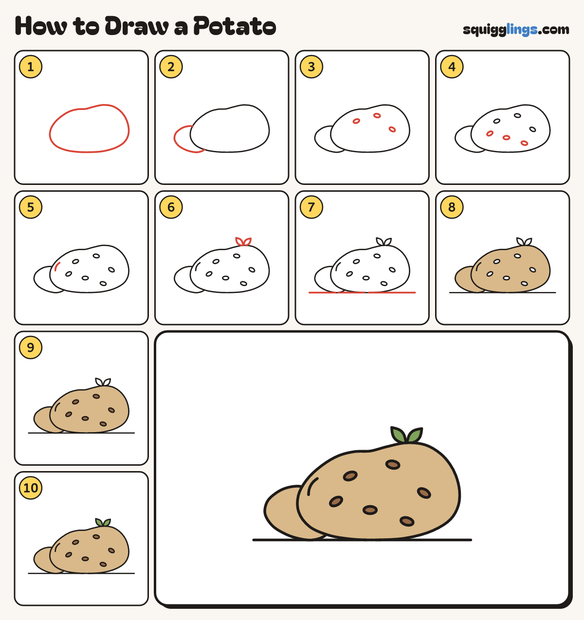 How to Draw a Potato step by step: all 10 steps in one picture